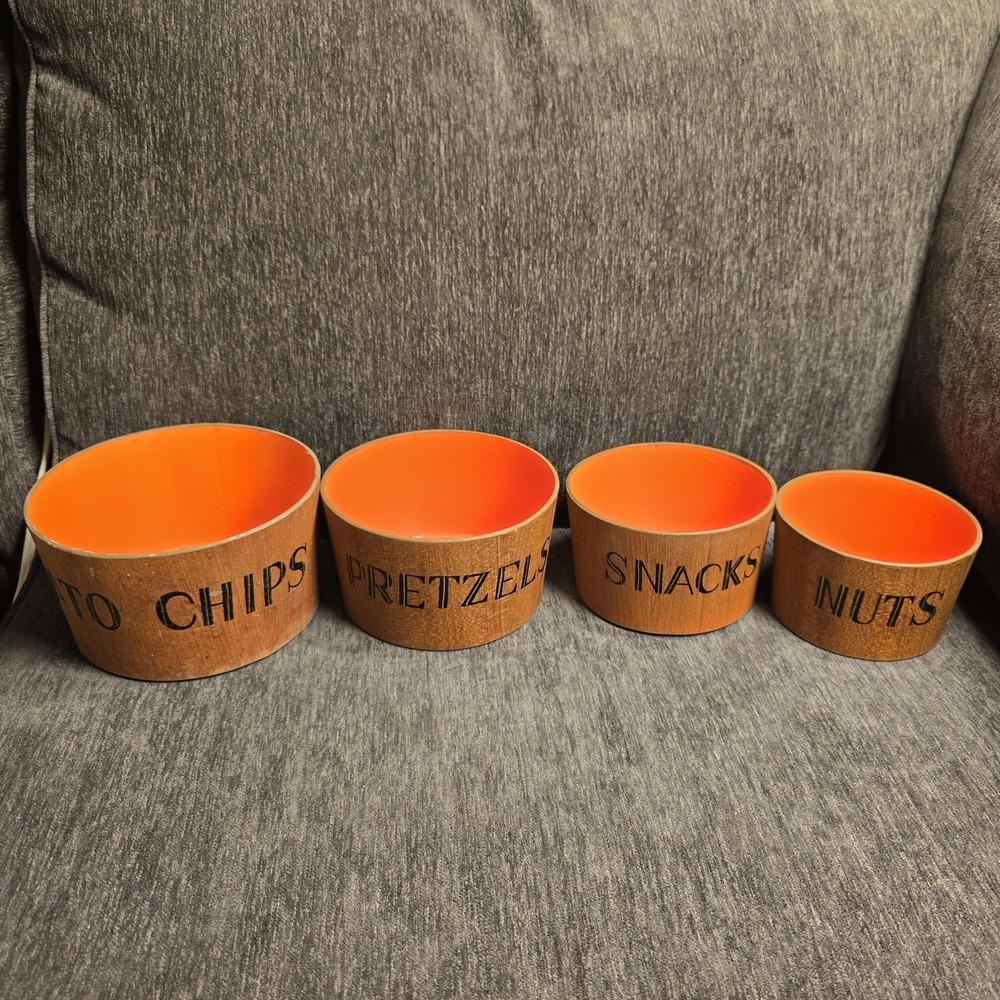 Vintage 4 Viking MCM Wooden Nesting Snack Bowls Retro Orange